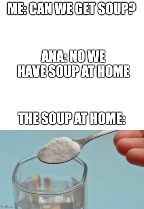 ME: CAN WE GET SOUP? ANA: NO WE HAVE SOUP AT HOME; THE SOUP AT HOME: | image tagged in EDanonymemes | made w/ Imgflip meme maker