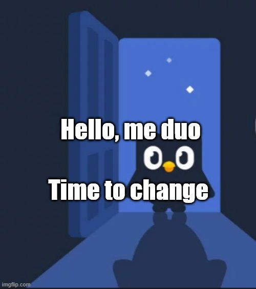 Time to change | Hello, me duo; Time to change | image tagged in duolingo bird | made w/ Imgflip meme maker