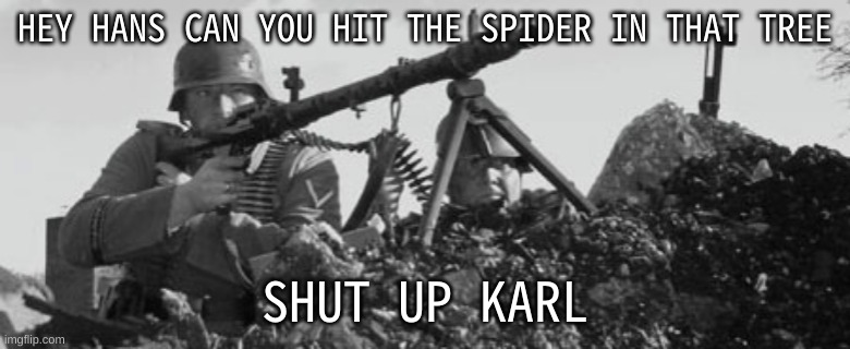 MG-34 | HEY HANS CAN YOU HIT THE SPIDER IN THAT TREE; SHUT UP KARL | image tagged in mg-34 | made w/ Imgflip meme maker