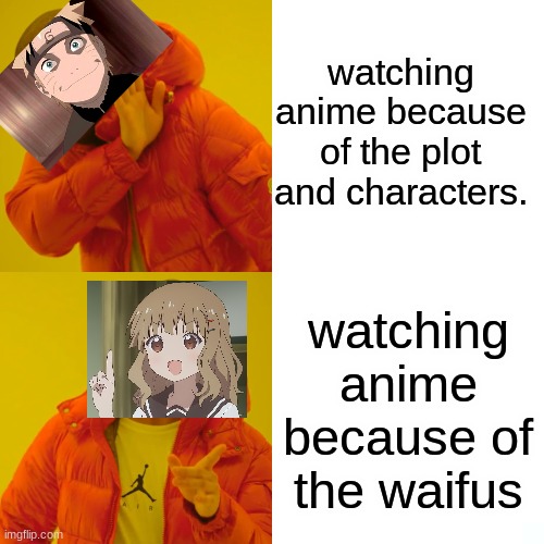 Waifus | watching anime because of the plot and characters. watching anime because of the waifus | image tagged in memes,drake hotline bling | made w/ Imgflip meme maker