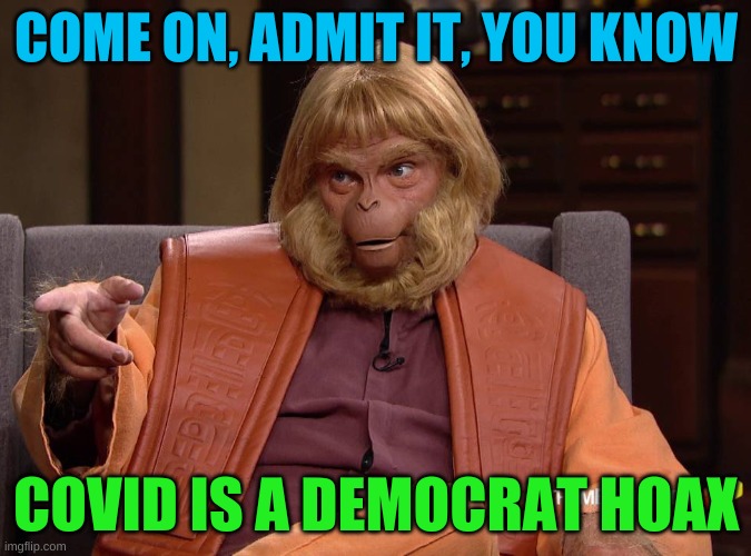 Dr Trump Zaius | COME ON, ADMIT IT, YOU KNOW; COVID IS A DEMOCRAT HOAX | image tagged in dr trump zaius planet of the apes,covid-19,hoax,evolution is a liberal conspiracy theory,liberal hypocrisy,democrat hoax | made w/ Imgflip meme maker