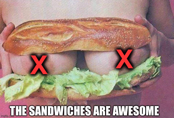 X X THE SANDWICHES ARE AWESOME | image tagged in titty | made w/ Imgflip meme maker