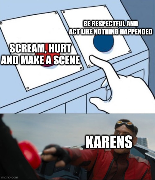 I hate Karens | BE RESPECTFUL AND ACT LIKE NOTHING HAPPENDED; SCREAM, HURT AND MAKE A SCENE; KARENS | image tagged in robotnik button | made w/ Imgflip meme maker