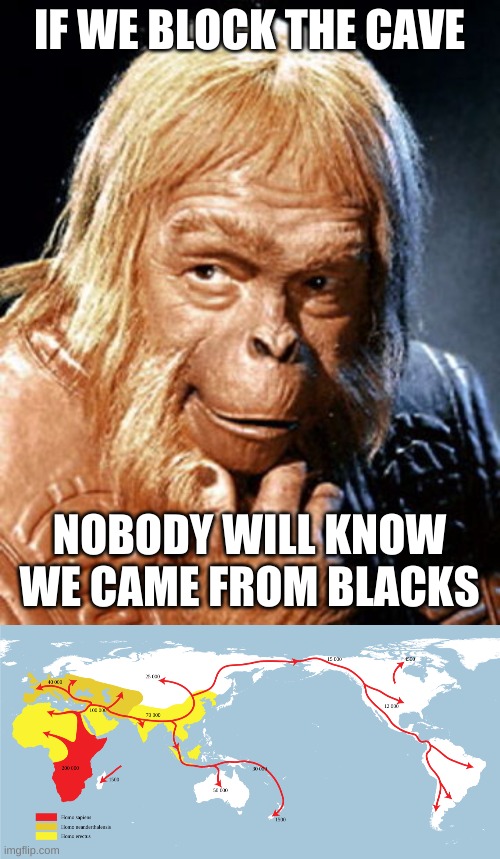 Dr Trump Zaius |  IF WE BLOCK THE CAVE; NOBODY WILL KNOW WE CAME FROM BLACKS | image tagged in dr trump zaius planet of the apes,evolution must be stopped,human evolution,trump 2020,passive aggressive racism | made w/ Imgflip meme maker