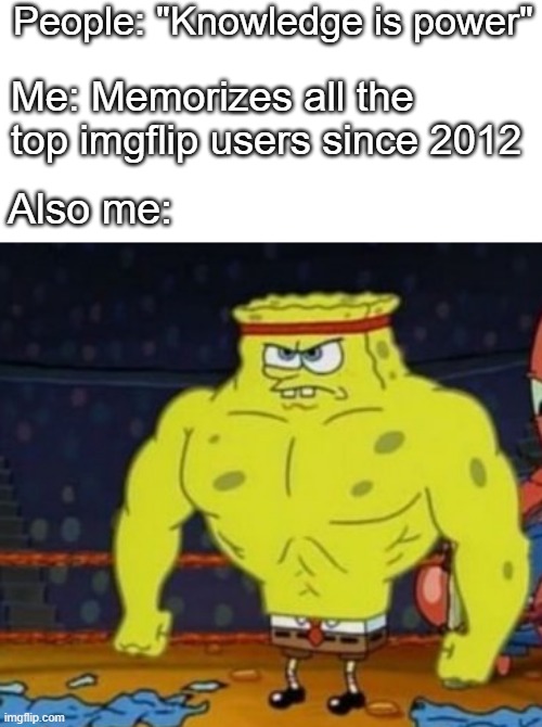 Im not wrong tho | People: "Knowledge is power"; Me: Memorizes all the top imgflip users since 2012; Also me: | image tagged in spongebob,universal knowledge,knowledge is power,memes,funny memes,funny | made w/ Imgflip meme maker