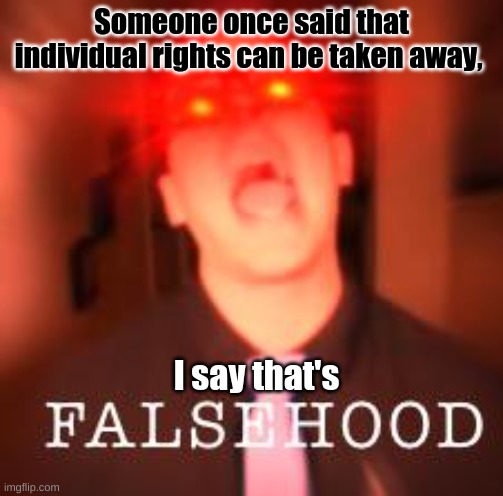 Logan Sanders - FALSEHOOD | Someone once said that individual rights can be taken away, I say that's | image tagged in logan sanders - falsehood | made w/ Imgflip meme maker