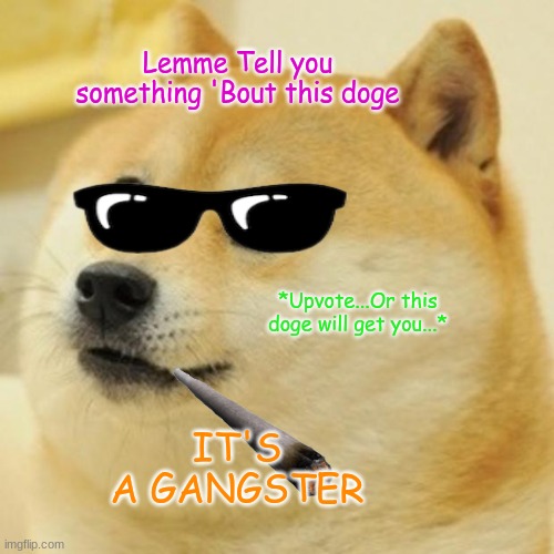 GANGSTER DOGE | Lemme Tell you something 'Bout this doge; *Upvote...Or this doge will get you...*; IT'S A GANGSTER | image tagged in memes,doge | made w/ Imgflip meme maker
