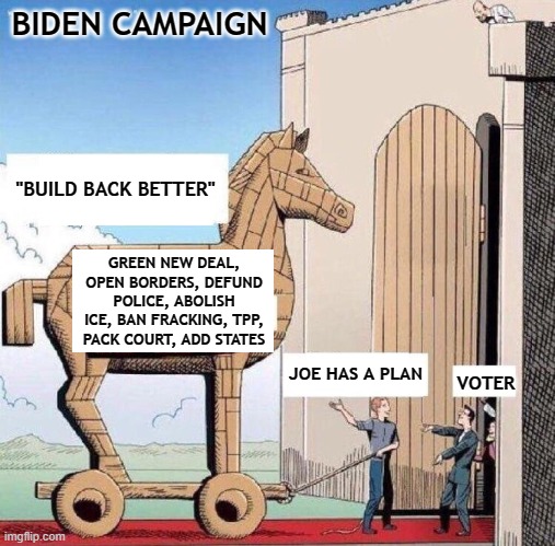 Trojan Horse | BIDEN CAMPAIGN; "BUILD BACK BETTER"; GREEN NEW DEAL, OPEN BORDERS, DEFUND POLICE, ABOLISH ICE, BAN FRACKING, TPP, PACK COURT, ADD STATES; JOE HAS A PLAN; VOTER | image tagged in trojan horse,radical left,biden,aoc,green new deal,open borders | made w/ Imgflip meme maker