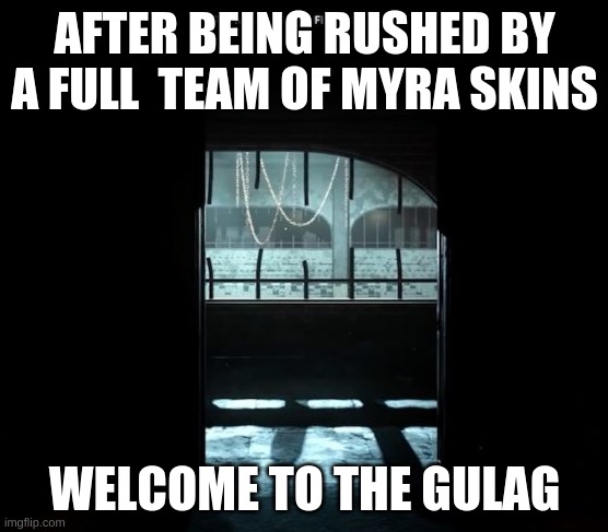 COD Gulag | AFTER BEING RUSHED BY A FULL  TEAM OF MYRA SKINS; WELCOME TO THE GULAG | image tagged in cod gulag | made w/ Imgflip meme maker