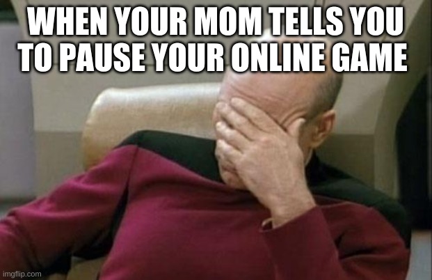 Captain Picard Facepalm Meme | WHEN YOUR MOM TELLS YOU TO PAUSE YOUR ONLINE GAME | image tagged in memes,captain picard facepalm | made w/ Imgflip meme maker