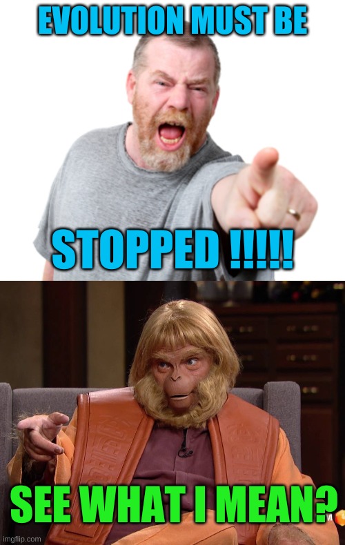 stop evolution! | EVOLUTION MUST BE; STOPPED !!!!! SEE WHAT I MEAN? | image tagged in angry white male yelling,planet of the apes,trump 2020,human evolution,liberal hypocrisy | made w/ Imgflip meme maker