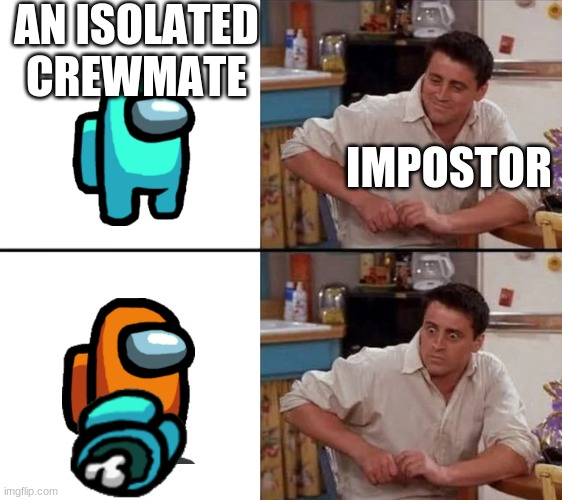 Surprised Joey | AN ISOLATED CREWMATE; IMPOSTOR | image tagged in surprised joey | made w/ Imgflip meme maker