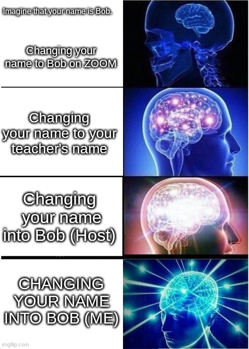 ZOOM nicknames.... | Imagine that your name is Bob. Changing your name to Bob on ZOOM; Changing your name to your teacher's name; Changing  your name into Bob (Host); CHANGING YOUR NAME INTO BOB (ME) | image tagged in memes,expanding brain | made w/ Imgflip meme maker