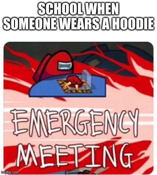 so true | SCHOOL WHEN SOMEONE WEARS A HOODIE | image tagged in emergency meeting among us | made w/ Imgflip meme maker