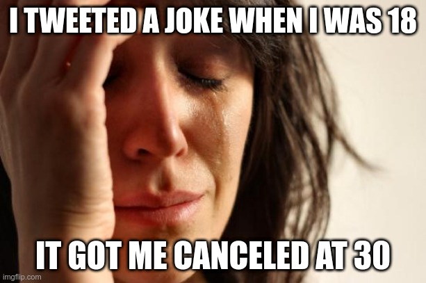 Famous People Problems | I TWEETED A JOKE WHEN I WAS 18; IT GOT ME CANCELED AT 30 | image tagged in memes,first world problems | made w/ Imgflip meme maker