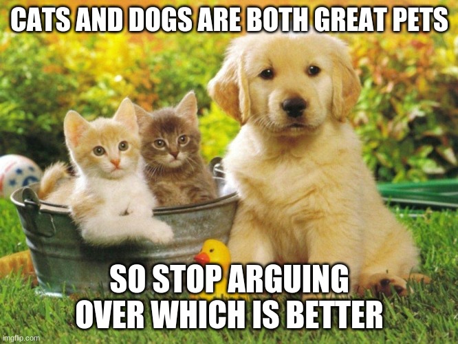 CATS AND DOGS ARE BOTH GREAT PETS; SO STOP ARGUING OVER WHICH IS BETTER | image tagged in cats and dogs | made w/ Imgflip meme maker