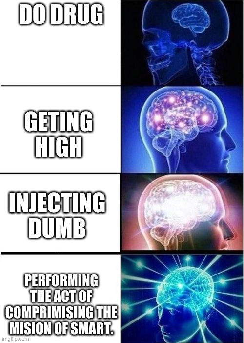levels of intelligence | DO DRUG; GETING HIGH; INJECTING DUMB; PERFORMING THE ACT OF COMPRIMISING THE MISION OF SMART. | image tagged in levels of intelligence | made w/ Imgflip meme maker