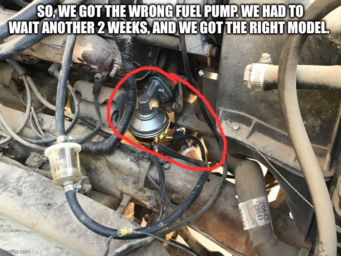 SO, WE GOT THE WRONG FUEL PUMP. WE HAD TO WAIT ANOTHER 2 WEEKS, AND WE GOT THE RIGHT MODEL. | made w/ Imgflip meme maker
