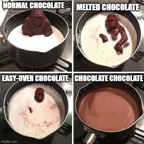 types of chocolate | NORMAL CHOCOLATE; MELTED CHOCOLATE; EASY-OVER CHOCOLATE; CHOCOLATE CHOCOLATE | image tagged in chocolate gorilla | made w/ Imgflip meme maker