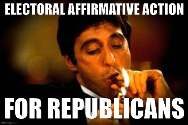 The Electoral College in practical terms. | ELECTORAL AFFIRMATIVE ACTION; FOR REPUBLICANS | image tagged in al pacino cigar,electoral college,elections | made w/ Imgflip meme maker