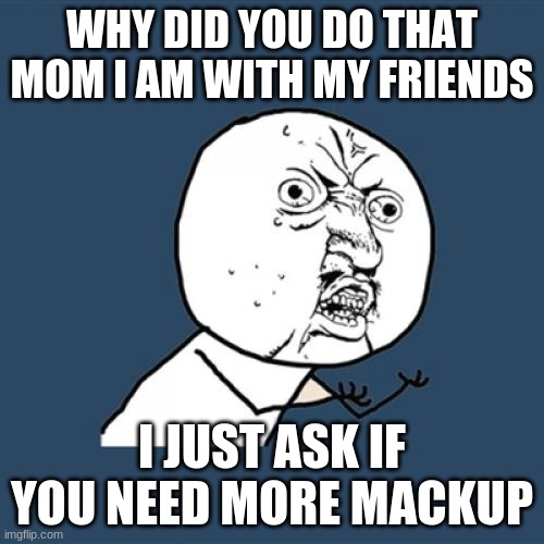 Y U No | WHY DID YOU DO THAT MOM I AM WITH MY FRIENDS; I JUST ASK IF YOU NEED MORE MACKUP | image tagged in memes,y u no | made w/ Imgflip meme maker