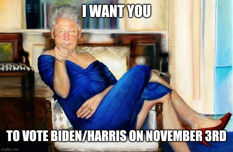 Bill Clinton Dress | I WANT YOU; TO VOTE BIDEN/HARRIS ON NOVEMBER 3RD | image tagged in bill clinton dress | made w/ Imgflip meme maker