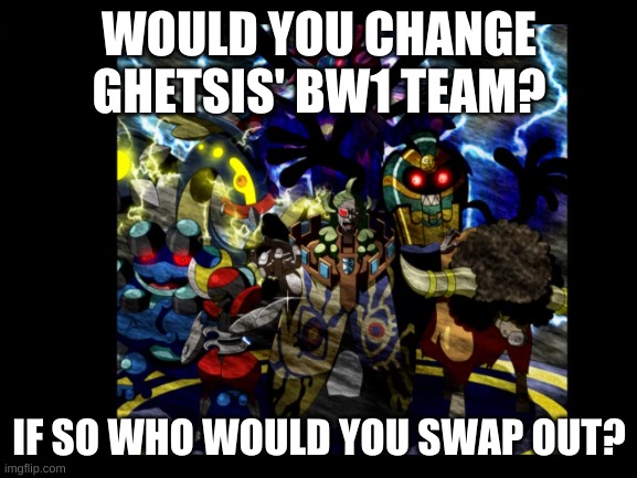 Please tell me in the comments if you would change it. | WOULD YOU CHANGE GHETSIS' BW1 TEAM? IF SO WHO WOULD YOU SWAP OUT? | made w/ Imgflip meme maker