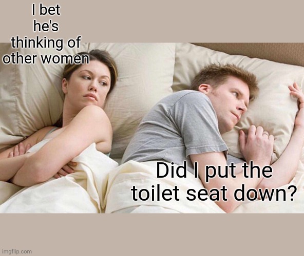 I Bet He's Thinking About Other Women Meme | I bet he's thinking of other women; Did I put the toilet seat down? | image tagged in memes,i bet he's thinking about other women | made w/ Imgflip meme maker