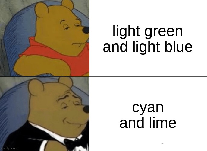Tuxedo Winnie The Pooh | light green and light blue; cyan and lime | image tagged in memes,tuxedo winnie the pooh | made w/ Imgflip meme maker
