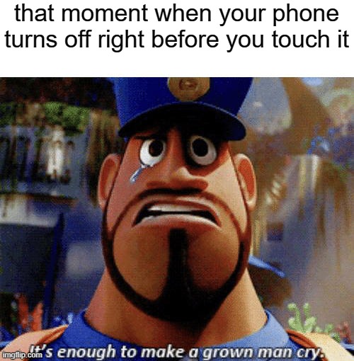 It's enough to make a grown man cry | that moment when your phone turns off right before you touch it | image tagged in it's enough to make a grown man cry | made w/ Imgflip meme maker