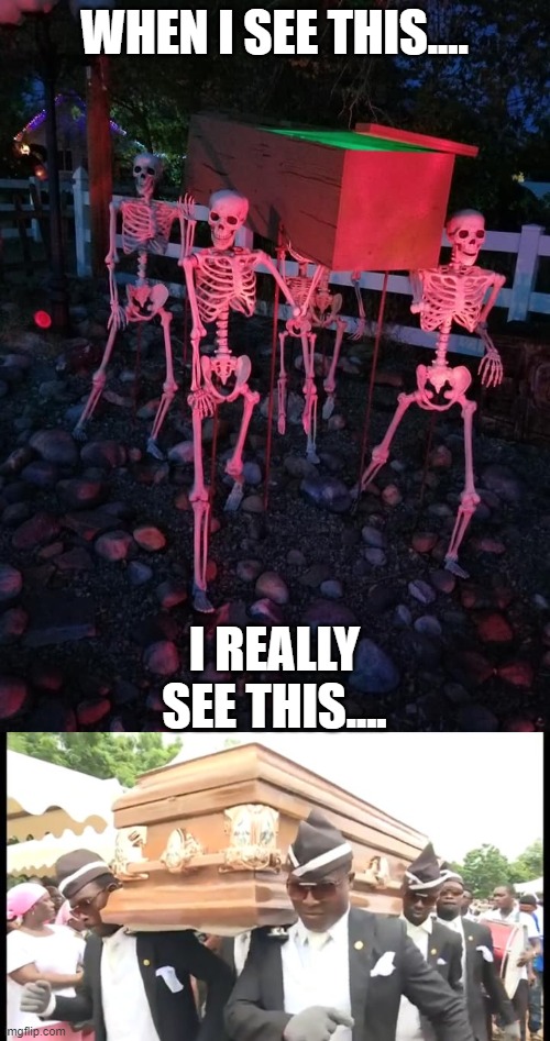 Even skeletons want to be dancing pallbearers for Halloween | WHEN I SEE THIS.... I REALLY SEE THIS.... | image tagged in dancing pallbearers,skeletons,halloween | made w/ Imgflip meme maker