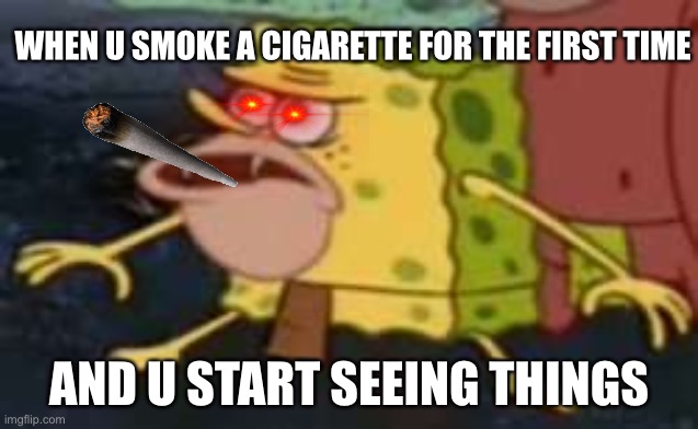 Spongegar | WHEN U SMOKE A CIGARETTE FOR THE FIRST TIME; AND U START SEEING THINGS | image tagged in memes,spongegar | made w/ Imgflip meme maker