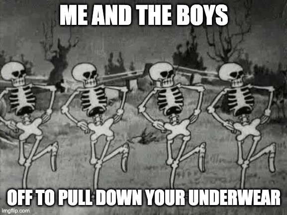 No candy? Then.. | ME AND THE BOYS; OFF TO PULL DOWN YOUR UNDERWEAR | image tagged in spooky scary skeletons | made w/ Imgflip meme maker