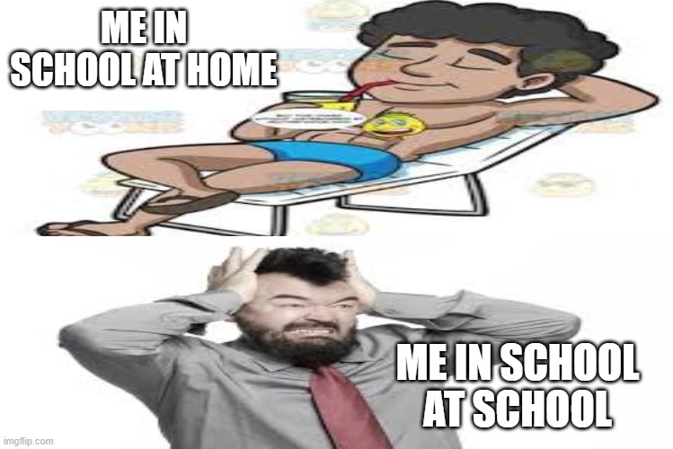 The School Emotions | ME IN SCHOOL AT HOME; ME IN SCHOOL AT SCHOOL | image tagged in school,funny | made w/ Imgflip meme maker