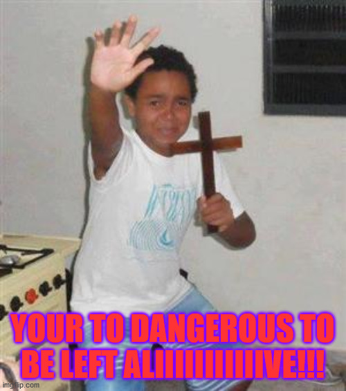 Scared Kid | YOUR TO DANGEROUS TO BE LEFT ALIIIIIIIIIIIVE!!! | image tagged in scared kid | made w/ Imgflip meme maker