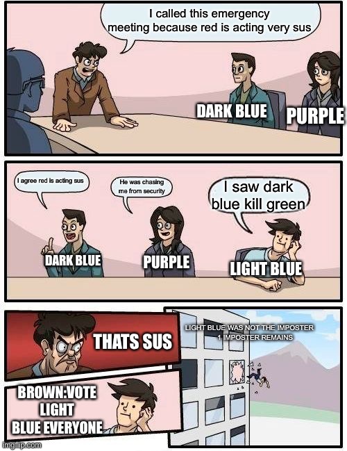 Boardroom Meeting Suggestion | I called this emergency meeting because red is acting very sus; PURPLE; DARK BLUE; I agree red is acting sus; He was chasing me from security; I saw dark blue kill green; DARK BLUE; PURPLE; LIGHT BLUE; LIGHT BLUE WAS NOT THE IMPOSTER
      1 IMPOSTER REMAINS; THATS SUS; BROWN:VOTE LIGHT BLUE EVERYONE | image tagged in memes,boardroom meeting suggestion | made w/ Imgflip meme maker