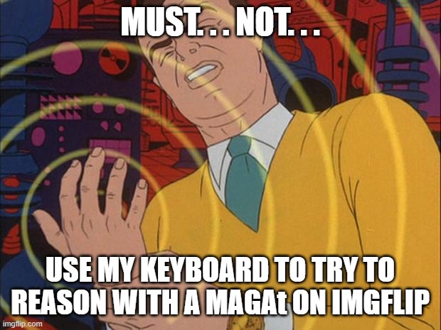 must not | MUST. . . NOT. . . USE MY KEYBOARD TO TRY TO REASON WITH A MAGAt ON IMGFLIP | image tagged in must not | made w/ Imgflip meme maker