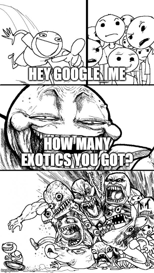 Answer me | HEY GOOGLE_ME; HOW MANY EXOTICS YOU GOT? | image tagged in memes,hey internet,cool | made w/ Imgflip meme maker