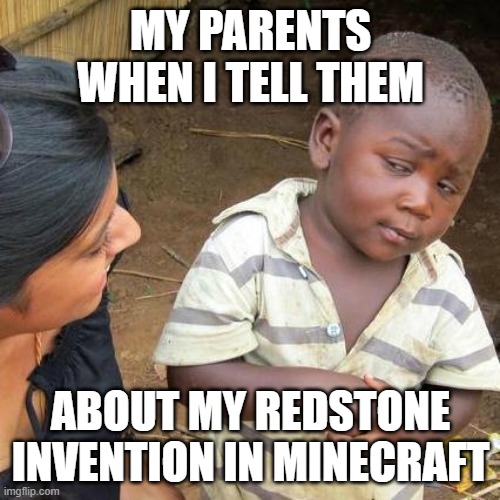 Third World Skeptical Kid | MY PARENTS WHEN I TELL THEM; ABOUT MY REDSTONE INVENTION IN MINECRAFT | image tagged in memes,third world skeptical kid | made w/ Imgflip meme maker