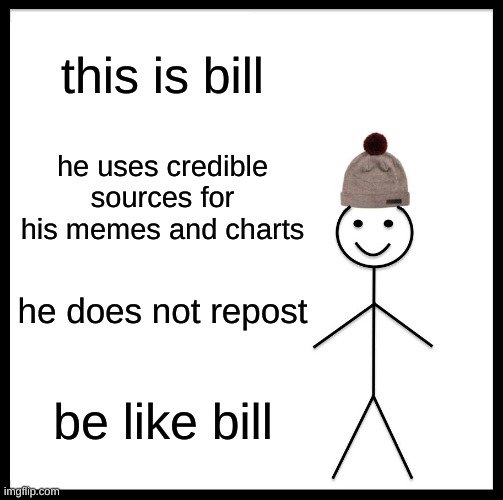 All of the toxicity and reposting needs to stop, so just be like bill for once. | this is bill; he uses credible sources for his memes and charts; he does not repost; be like bill | image tagged in memes,be like bill | made w/ Imgflip meme maker