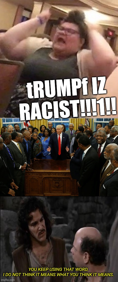 tRUMPf IZ RACIST!!!1!! YOU KEEP USING THAT WORD.
I DO NOT THINK IT MEANS WHAT YOU THINK IT MEANS. | image tagged in you keep using that word,trigglypuff | made w/ Imgflip meme maker