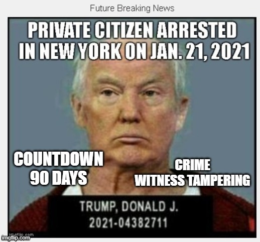 90 Days Until January 21, 2021
COUNTDOWN In Progress = 100 Days with 100 Crimes | CRIME
WITNESS TAMPERING; COUNTDOWN
90 DAYS | image tagged in countdown,criminal,traitor,liar,conman,russian mafia | made w/ Imgflip meme maker
