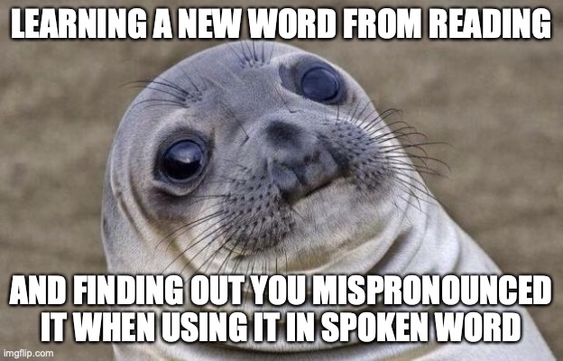 Awkward Moment Sealion | LEARNING A NEW WORD FROM READING; AND FINDING OUT YOU MISPRONOUNCED IT WHEN USING IT IN SPOKEN WORD | image tagged in memes,awkward moment sealion | made w/ Imgflip meme maker