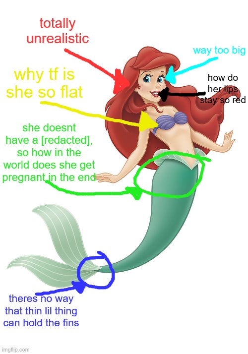 my ariel questions (: | totally unrealistic; way too big; how do her lips stay so red; why tf is she so flat; she doesnt have a [redacted], so how in the world does she get pregnant in the end; theres no way that thin lil thing can hold the fins | image tagged in ariel,little mermaid | made w/ Imgflip meme maker