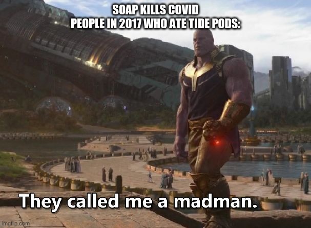 Thanos they called me a madman |  SOAP KILLS COVID
PEOPLE IN 2017 WHO ATE TIDE PODS: | image tagged in thanos they called me a madman | made w/ Imgflip meme maker
