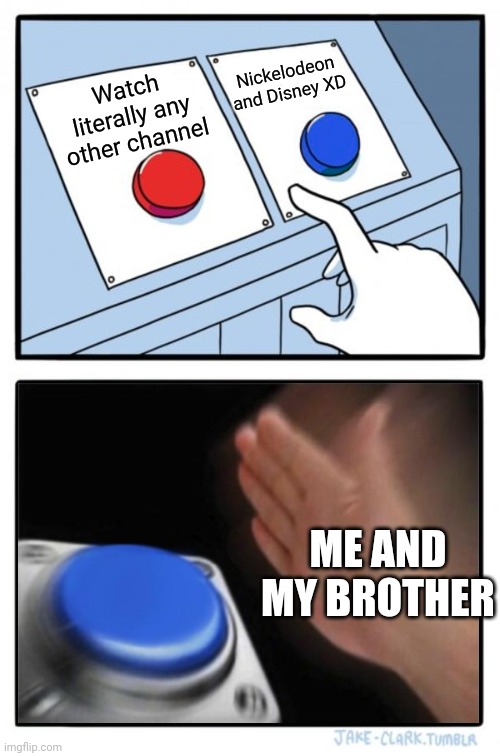Weeeeeeee | Nickelodeon and Disney XD; Watch literally any other channel; ME AND MY BROTHER | image tagged in two buttons one blue button redux | made w/ Imgflip meme maker