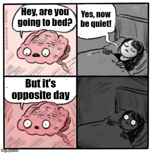 But it's opposite day... | Yes, now be quiet! Hey, are you going to bed? But it's opposite day | image tagged in are you sleeping brain | made w/ Imgflip meme maker