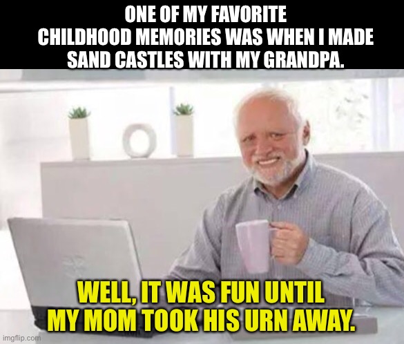 Sand Castles | ONE OF MY FAVORITE CHILDHOOD MEMORIES WAS WHEN I MADE SAND CASTLES WITH MY GRANDPA. WELL, IT WAS FUN UNTIL MY MOM TOOK HIS URN AWAY. | image tagged in harold | made w/ Imgflip meme maker