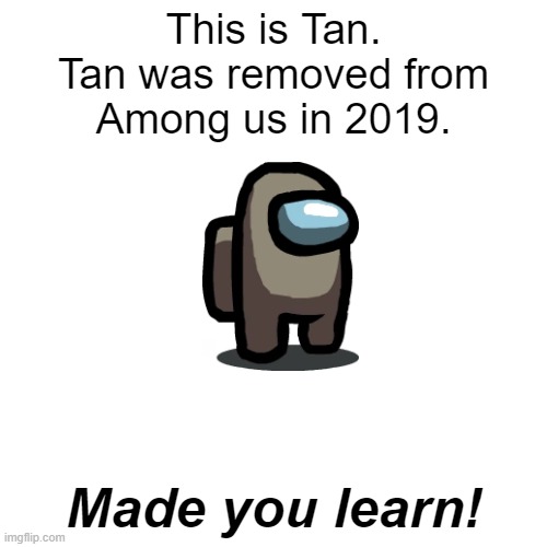 You can upvote this if you want to, I'm not going to force you. |  This is Tan.
Tan was removed from
Among us in 2019. Made you learn! | image tagged in blank square | made w/ Imgflip meme maker