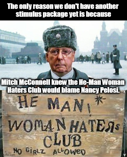 BNF = Blame Nancy First | The only reason we don't have another 
stimulus package yet is because; Mitch McConnell knew the He-Man Woman 
Haters Club would blame Nancy Pelosi. | image tagged in moscow mitch,stimulus,blocked,politics | made w/ Imgflip meme maker